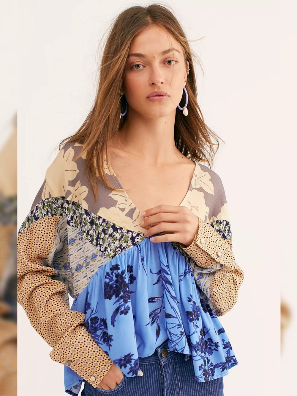 Free People Aloha State Of Mind Blouse Blue Combo Women's Size XL‎